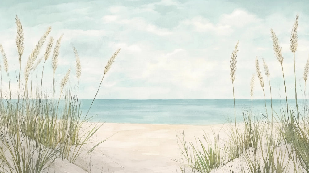 Coastal seascape wallpaper design file showing detailed dune grass pattern and serene beach scene