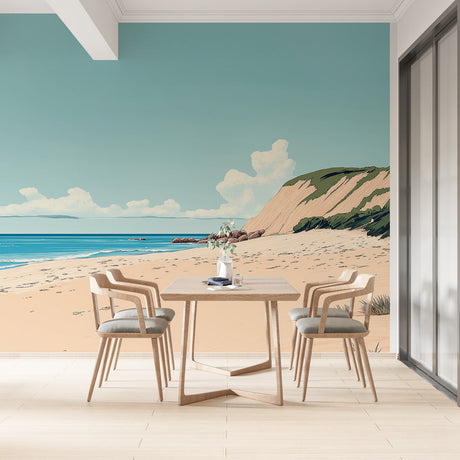 Coastal beach wallpaper with dramatic cliffs creating a calm atmosphere in a modern living room with natural light