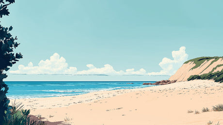 Beach mural wallpaper design file showing turquoise waters meeting sandy shores beneath majestic coastal cliffs