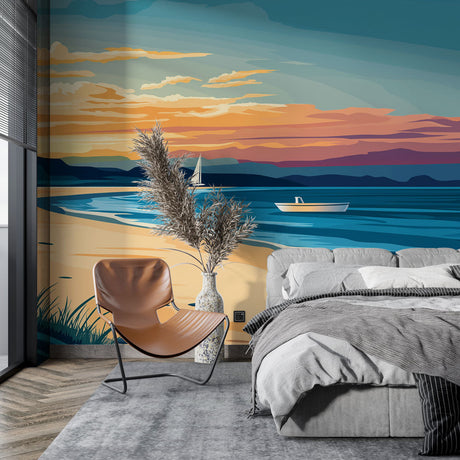 Beach sunset wallpaper creating a calm atmosphere in a modern living room with soft evening light and coastal decor