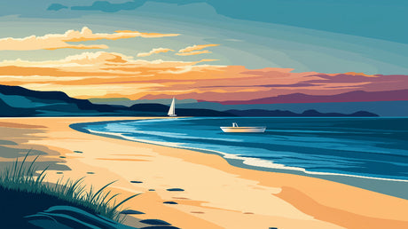 Beach wallpaper design file showing detailed sunset scene with sailboats and peaceful coastal waters