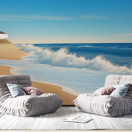 Beach wallpaper mural creating depth in modern living room, waves and sand pattern adding natural movement to white walls