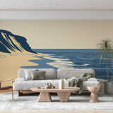 Minimalist beach wall mural creating a serene atmosphere in a modern living room with clean-lined furniture