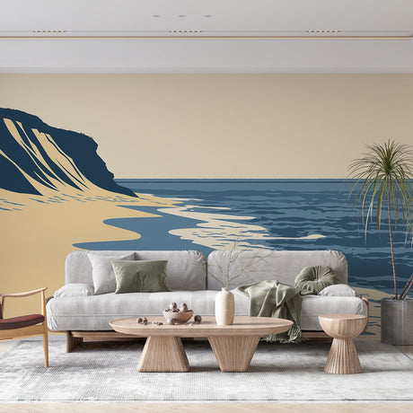 Minimalist beach wall mural creating a serene atmosphere in a modern living room with clean-lined furniture
