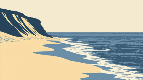 Minimalist coastal landscape design file showing gentle waves and clean lines in navy and beige tones