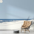 Beach line art wallpaper creating a peaceful atmosphere in a modern living room with white furniture and natural light