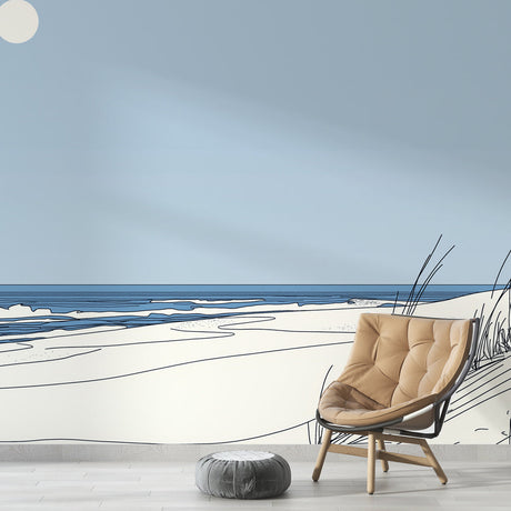 Beach line art wallpaper creating a peaceful atmosphere in a modern living room with white furniture and natural light