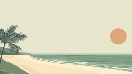 Minimalist beach wallpaper design file showing peaceful coastal scene with palm trees and terracotta sun