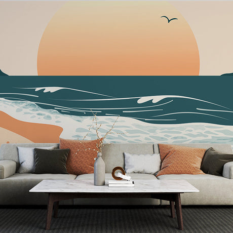 Beach scene wallpaper creating a serene atmosphere in a modern living room with minimalist furniture