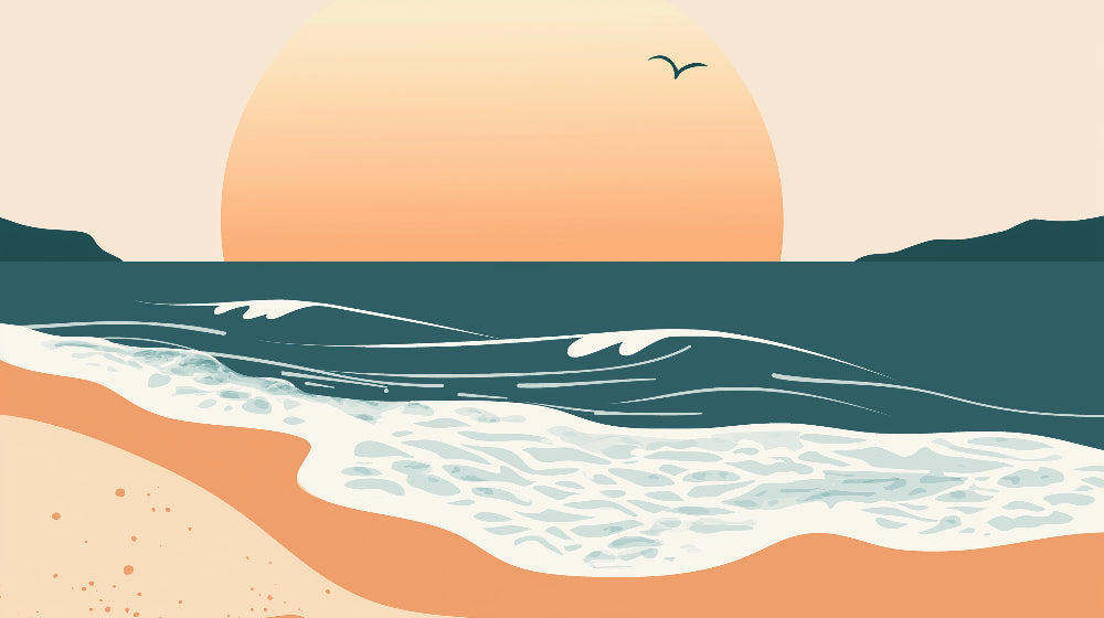 Minimalist sunset ocean scene design file showing detailed wave patterns and coral sky tones