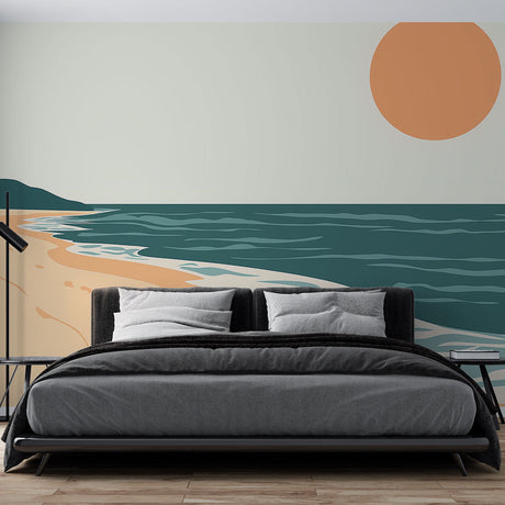 Beach scene wallpaper creating a calm atmosphere in a modern living room with minimalist furniture