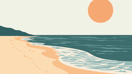 Minimalist beach sunset wallpaper design file showing peaceful ocean waves and coral sun