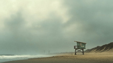 Misty shore beach wallpaper design file showing full pattern with moody sage-green skies and golden sands