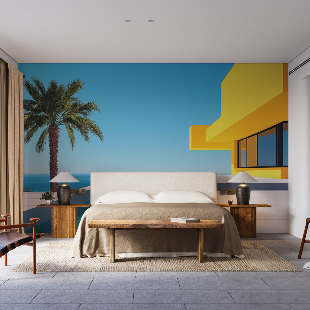 Modern beach villa wallpaper creating a bright and airy atmosphere in a minimalist living room with coastal decor