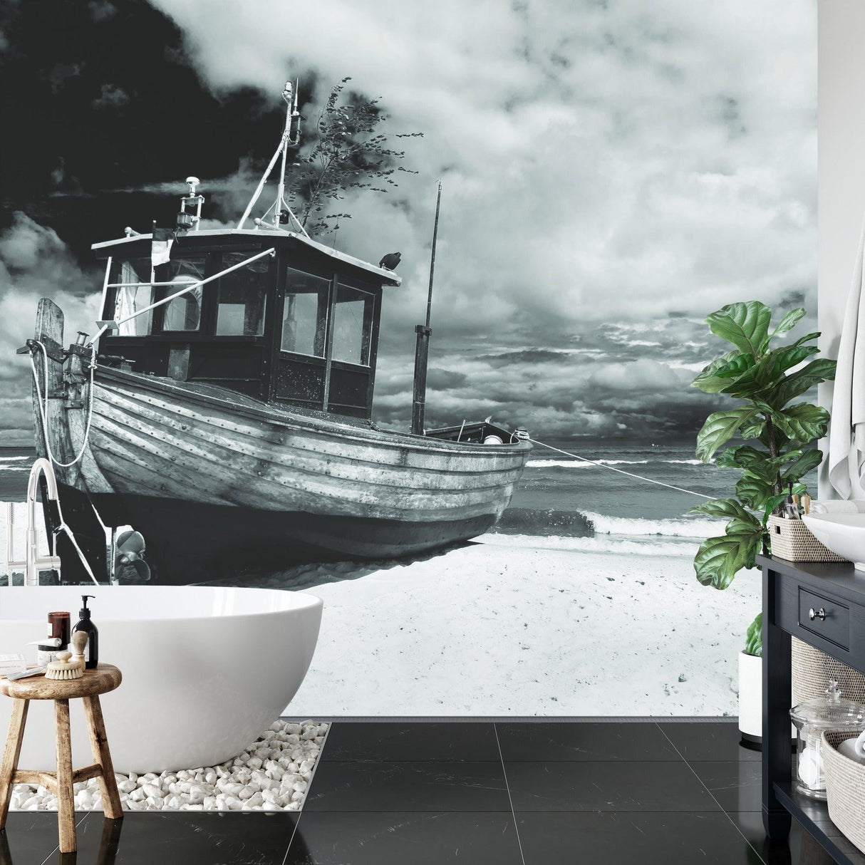 Coastal themed bedroom featuring black and white beach wallpaper with moody boat scene