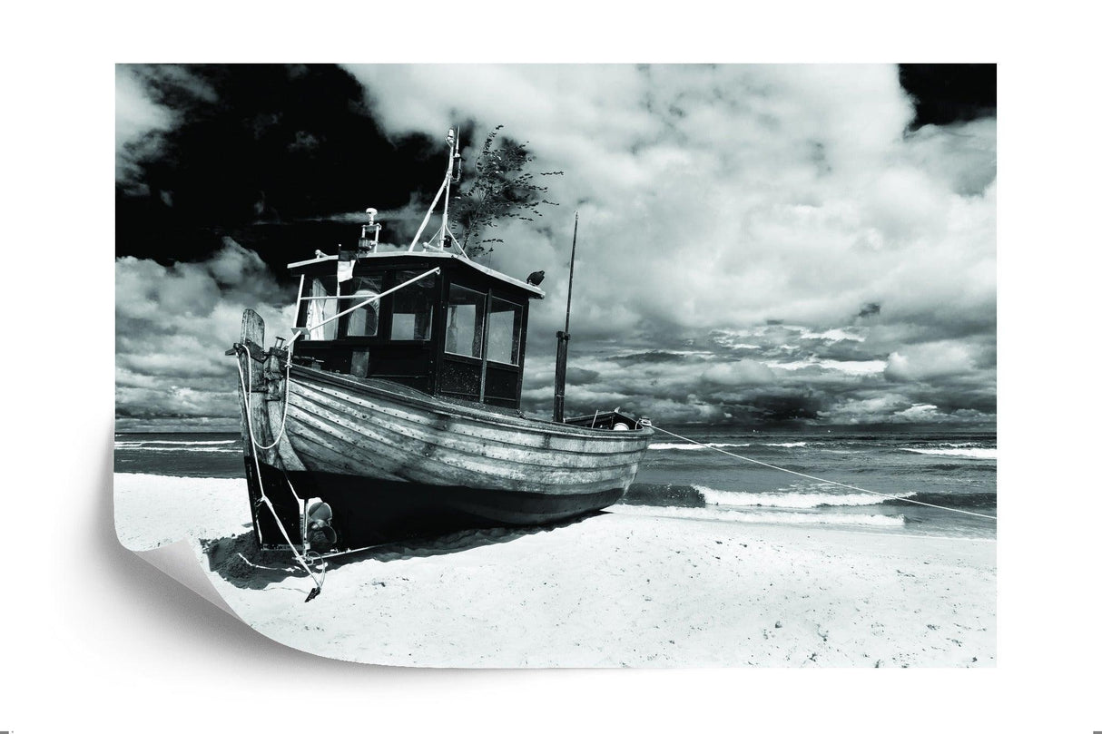 Monochrome fishing boat beach mural wallpaper design file showing detailed pattern and texture