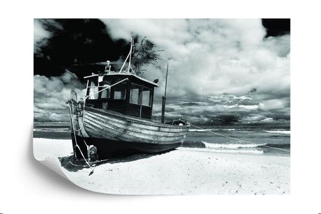 Monochrome fishing boat beach mural wallpaper design file showing detailed pattern and texture