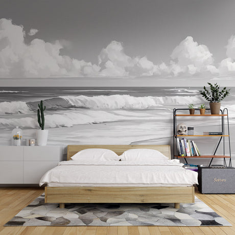Black and white beach wallpaper creating a stunning focal point in a modern living room with minimalist furniture
