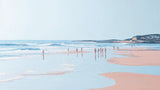 Beach mural wallpaper design file showing full pattern with gentle waves, figures, and pastel coastal scenery