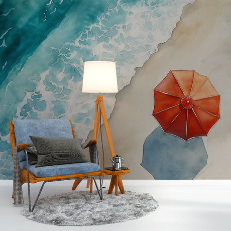 Beach scene wallpaper with red parasol transforms this bright living room into a coastal retreat