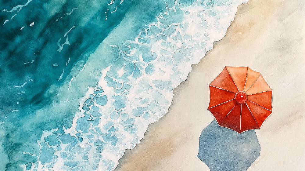 Beach wallpaper design file showing red parasol against turquoise ocean waves