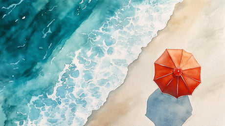 Beach wallpaper design file showing red parasol against turquoise ocean waves