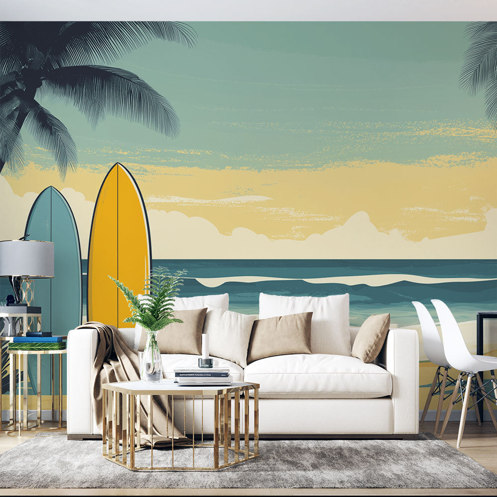 Beach scenery wallpaper with retro surfboards shown in a bright modern living room with coastal decor