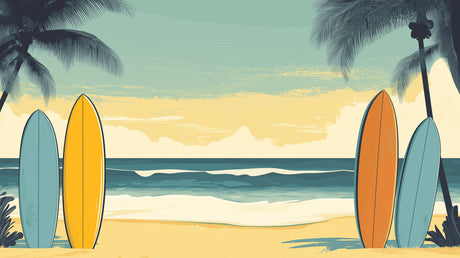 Beach mural wallpaper design file showing vintage surfboards and palm trees pattern