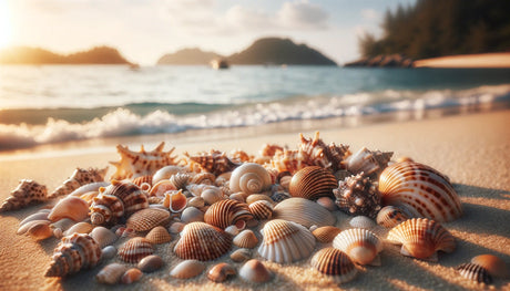Beach wallpaper design file showing detailed seashell pattern with sunset colors and turquoise water backdrop