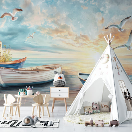 Beach mural wallpaper creating a coastal vibe in modern living room with gray sofa