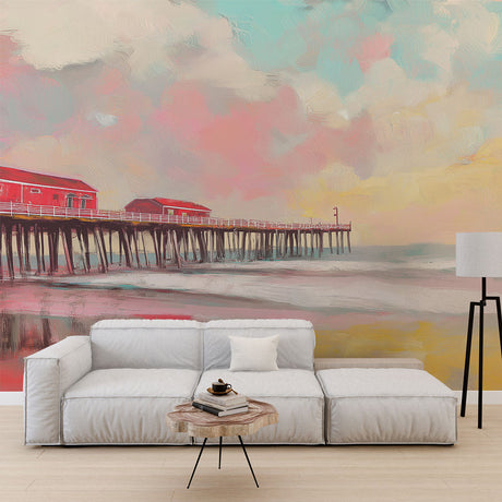 Beach pier wall mural creating a stunning focal point in modern living room with coastal decor and natural light