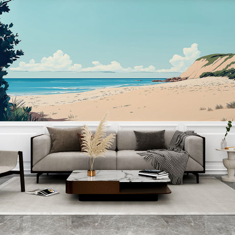 Coastal landscape wallpaper creating depth in a modern living room with natural light highlighting the ocean views and cliff details