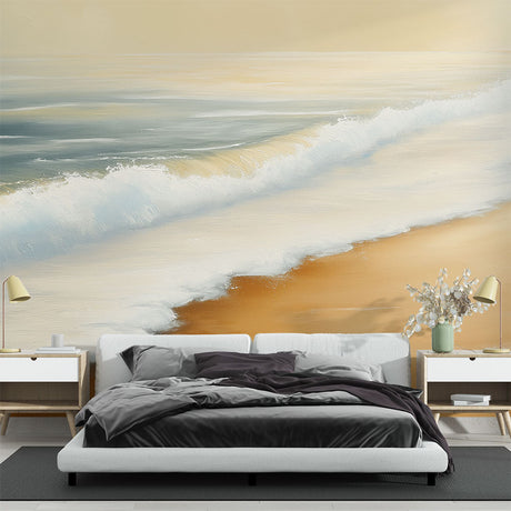 Beach mural wallpaper creating a relaxing atmosphere in a modern living room with natural light