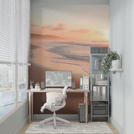 Beach sunset wallpaper in modern living room with coastal decor