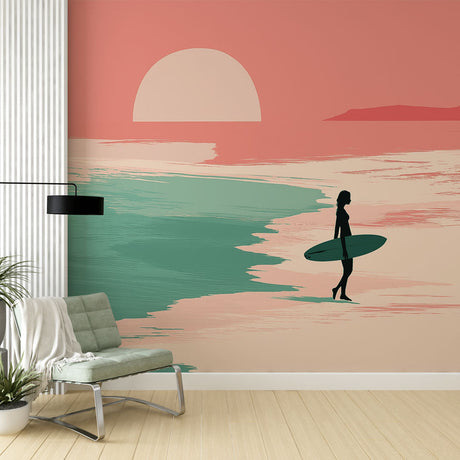 Beach sunset mural wallpaper in modern living room, showing coral and turquoise tones creating a peaceful coastal atmosphere
