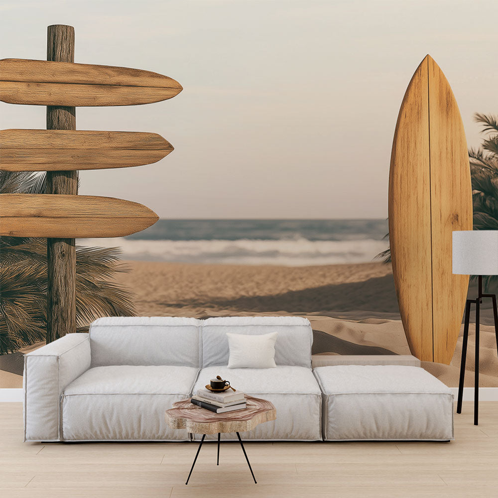 Beach scene wallpaper with surfboard creates a relaxing coastal atmosphere in a modern living room setting