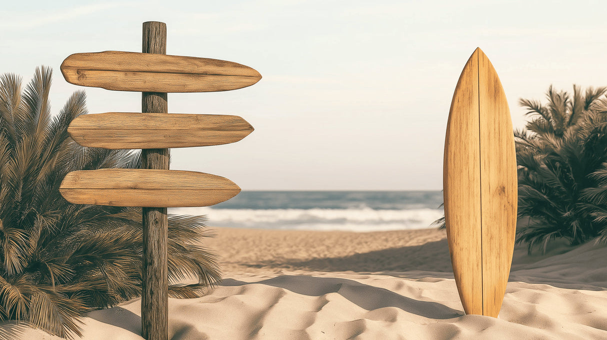 Beach wallpaper design file showing detailed surf scene with wooden signs and rolling waves