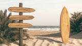 Beach wallpaper design file showing detailed surf scene with wooden signs and rolling waves
