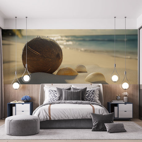 Beach mural wallpaper with coconuts and seashells creates a tropical paradise feel in a modern living room