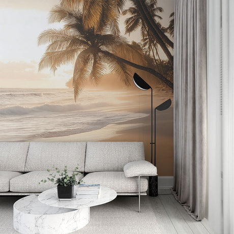 Tropical beach sunset wallpaper mural displayed in a modern living room, creating a relaxing coastal atmosphere