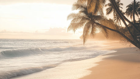 Beach paradise wallpaper design file showing detailed sunset scene with palm trees and ocean waves