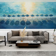 Beach scene wallpaper with watercolor umbrellas creating a calm coastal feel in a bright living room setting