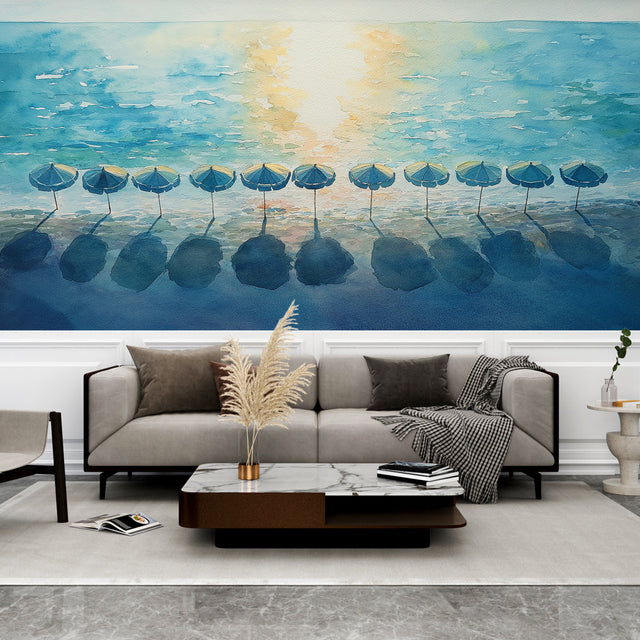 Beach scene wallpaper with watercolor umbrellas creating a calm coastal feel in a bright living room setting