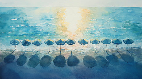 Watercolor beach umbrella design file showing detailed seaside pattern with soft maritime colors