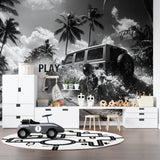 Black and white beach mural with rally car design transforming a modern living room space