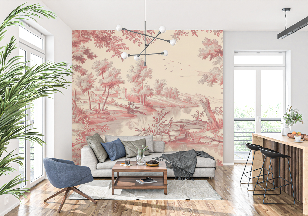 Toile de Jouy Mural Wallpaper | Classic French Countryside Scene in Red