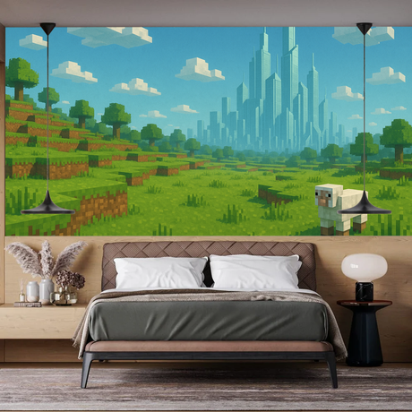 mincraft lanscape city mural wallpaper adult bedroom