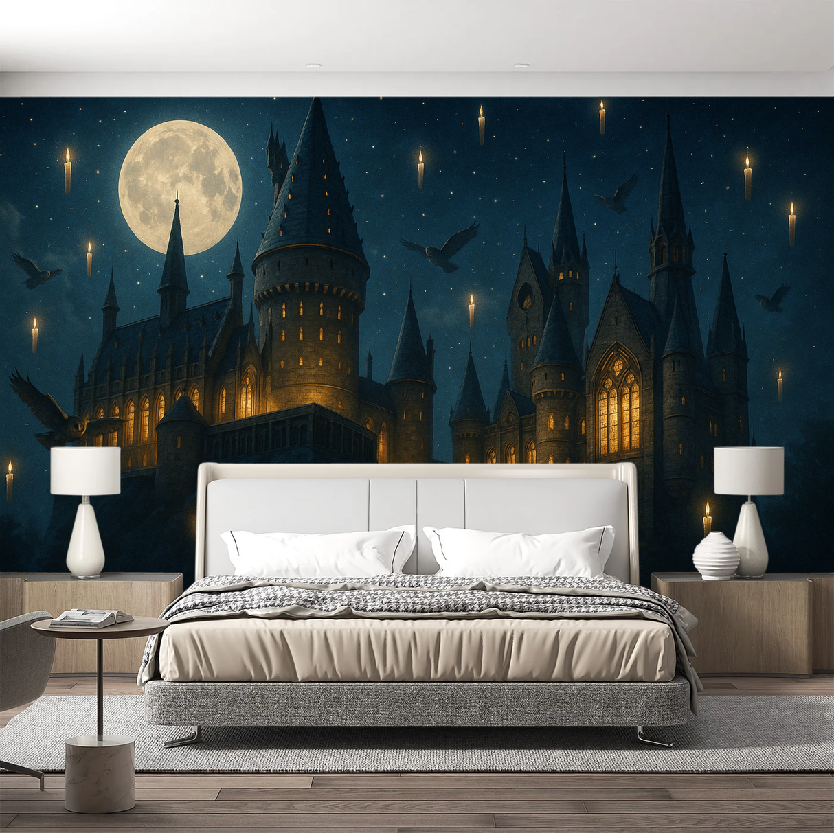 Fantasy Mural Wallpaper  Harry Potter Hogwarts Castle Night Scene - Detailed wallpaper pattern view