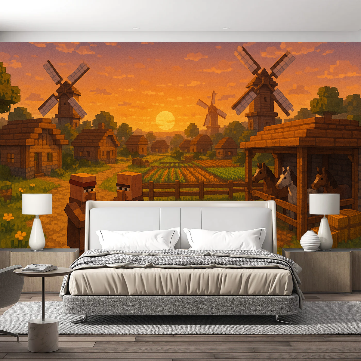 Minecraft Mural Wallpaper | Sunset Village With Windmills 