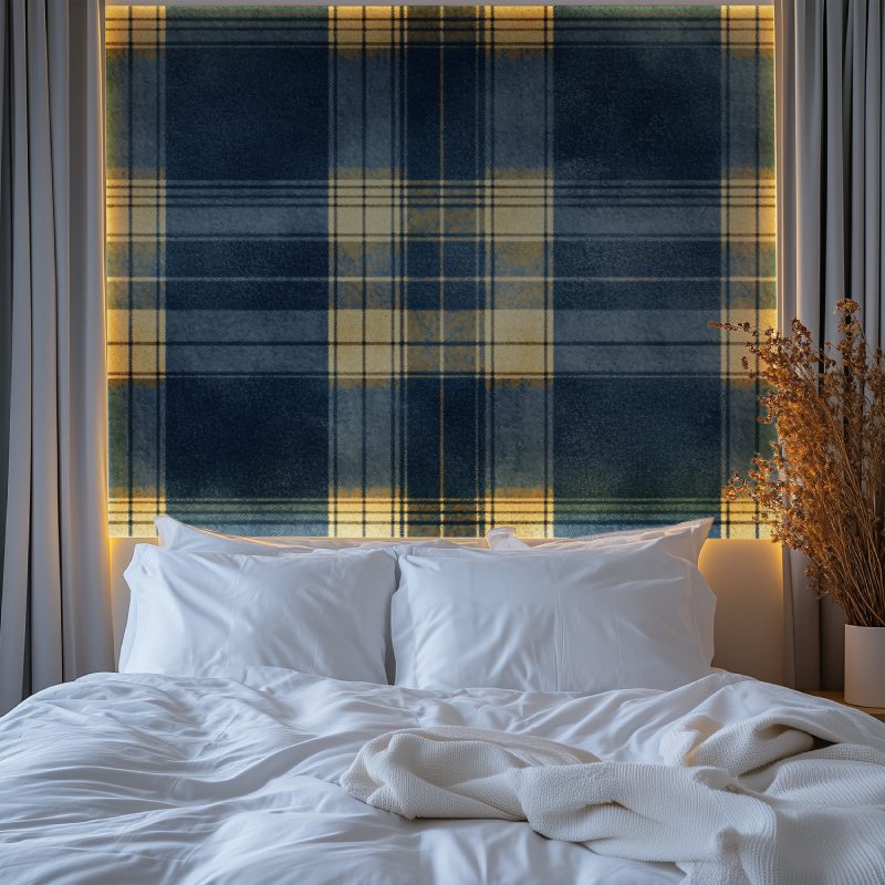 Plaid Mural Wallpaper | Classic Blue and Gold Pattern